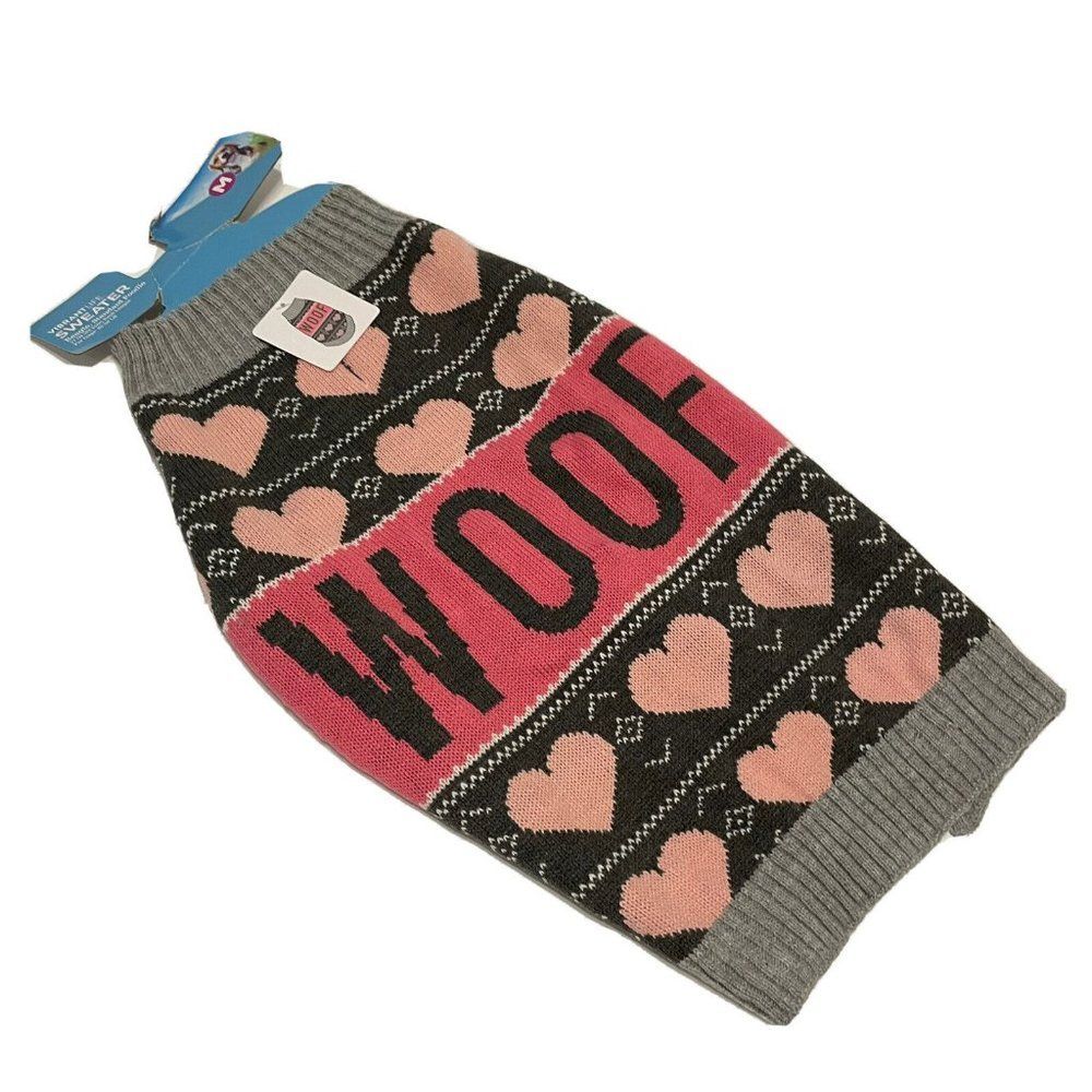 New Vibrant Life Pink Dog Pullover Sweater Medium Knit Hearts Woof Spell out
